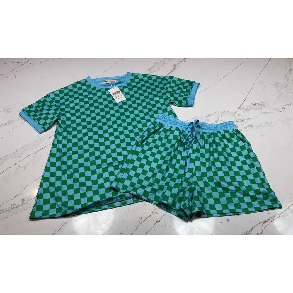 Southern Stitch Womens Green/Blue Checkered‎ T-Shirt and Shorts Lounge Set S NEW